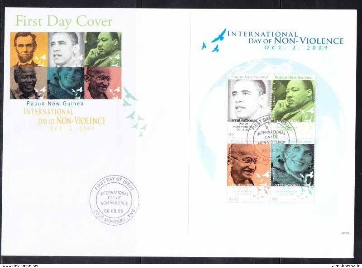 Papua New Guinea 2009 FDC, Gandhi, Nobel Martin Luther, Obama, Diana - Mahatma Gandhi