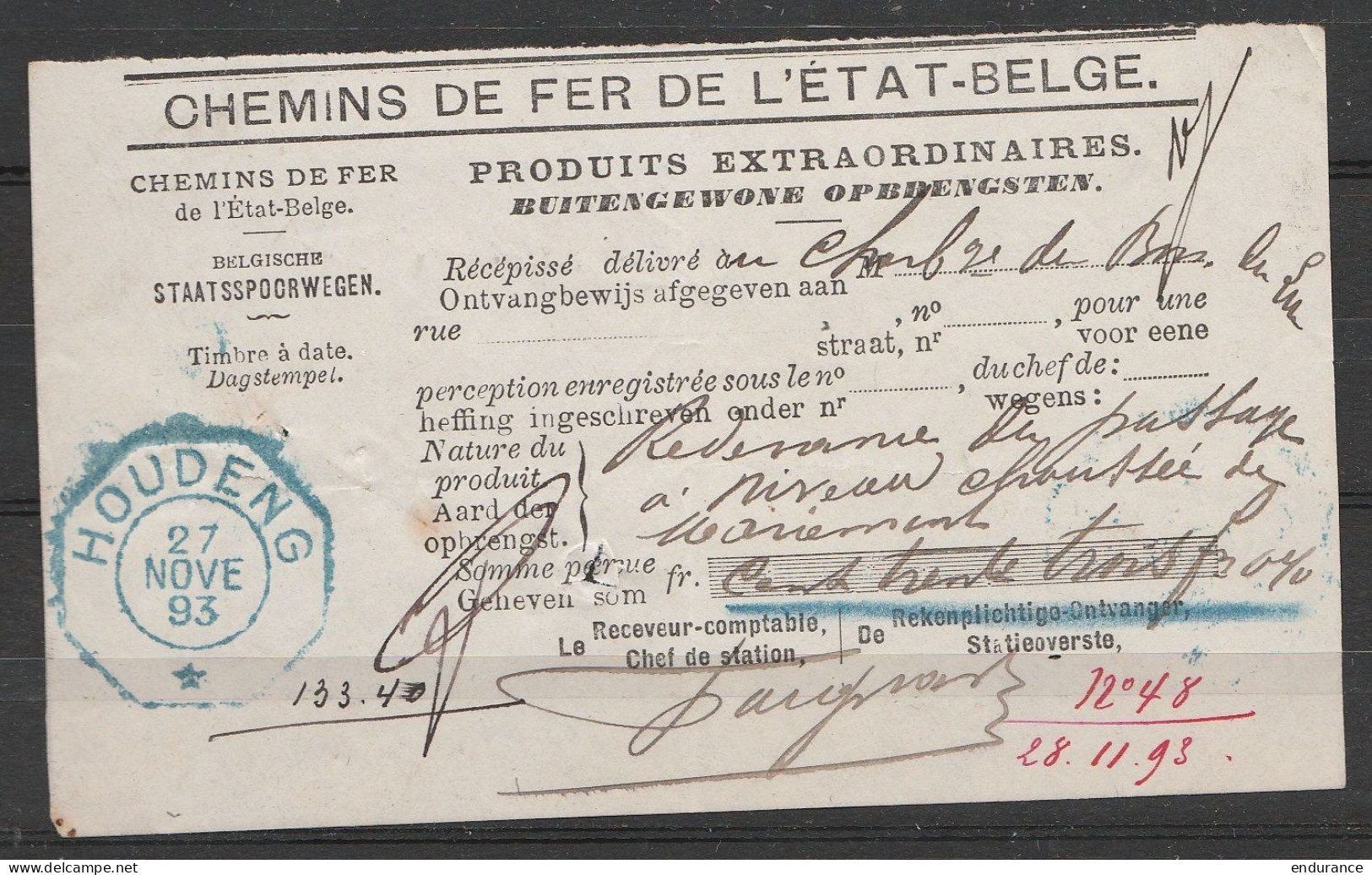 Récépissé Chemins De Fer De L'Etat Belge Du Charbonnages De Bois-du-Luc - Càd Octogon "HOUDENG /27 NOVE 1893" - Dokumente & Fragmente