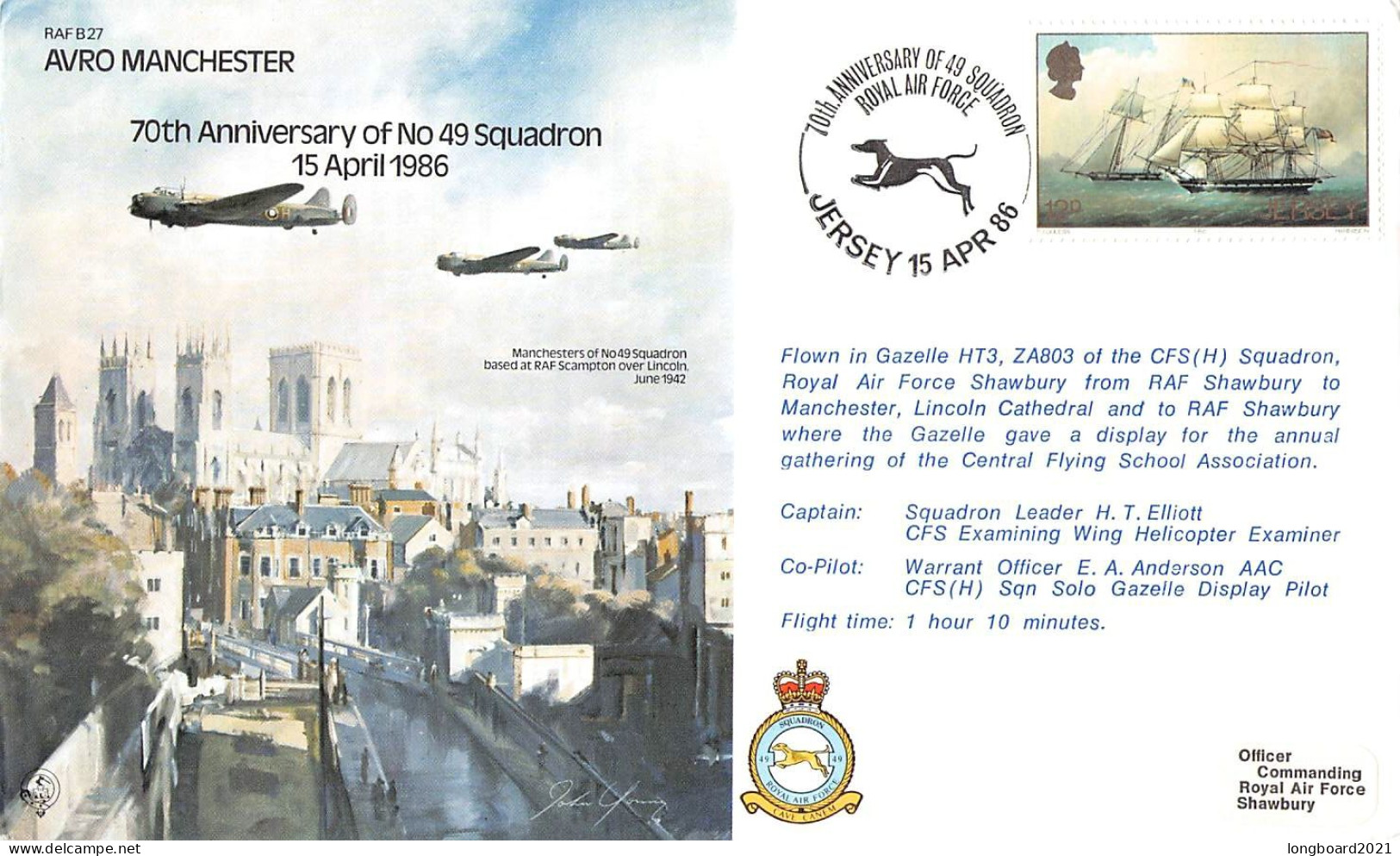 JERSEY - SPECIAL COVER 15 APR 1986 70th ANNIV OF No 49 SQUADRON / 5085 - Jersey