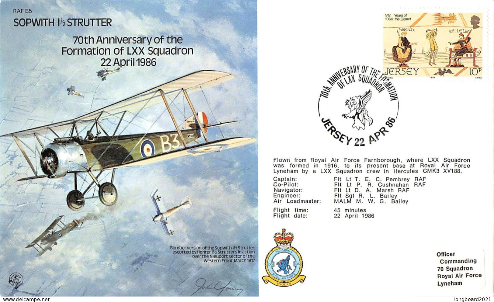 JERSEY - SPECIAL COVER 22 APR 1986 70th ANNIV OF LXX SQUADRON / 5084 - Jersey