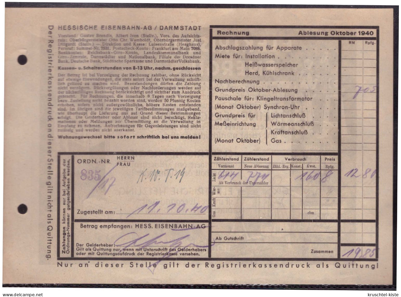 Dt- Reich (023636) Werbezudruck Auf Stromrechnung Oktober 1940 - Elektrizität & Gas