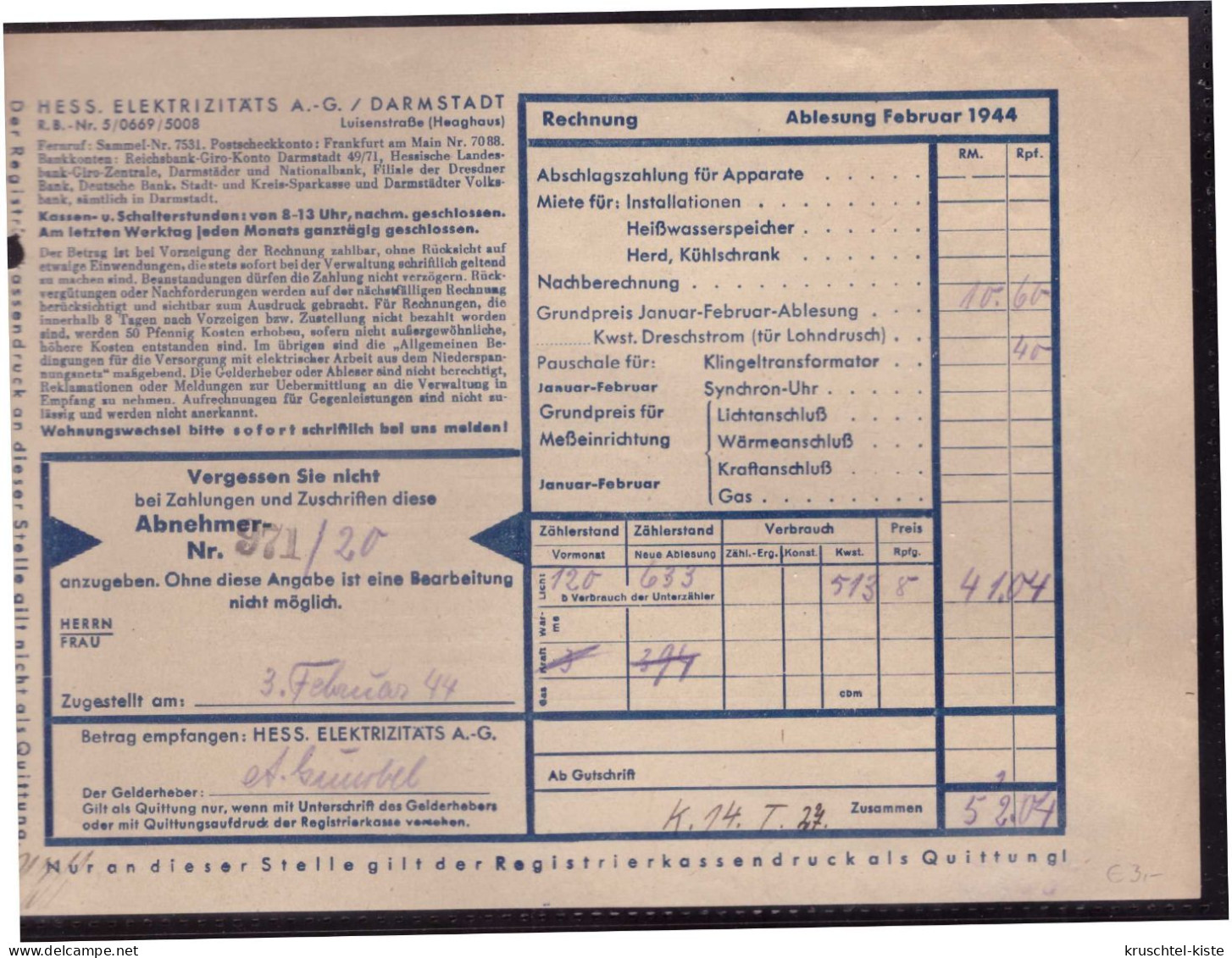 Dt- Reich (023636) Werbezudruck Auf Stromrechnung (Verordnung Reichsstelle Für Elektrowirtschaft V. 1941) 2/ 1944 - Elektriciteit En Gas