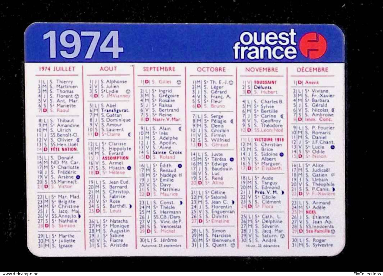 Calendrier Petit Format, 1974, Journal OUEST FRANCE, 2 Scans - Petit Format : 1971-80