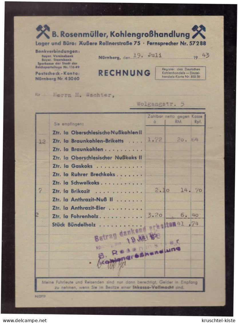 Dt- Reich (023640) Kohlerechnung Eines Nürnberger Kohlenhändler Von Juli 1943 - 1900 – 1949