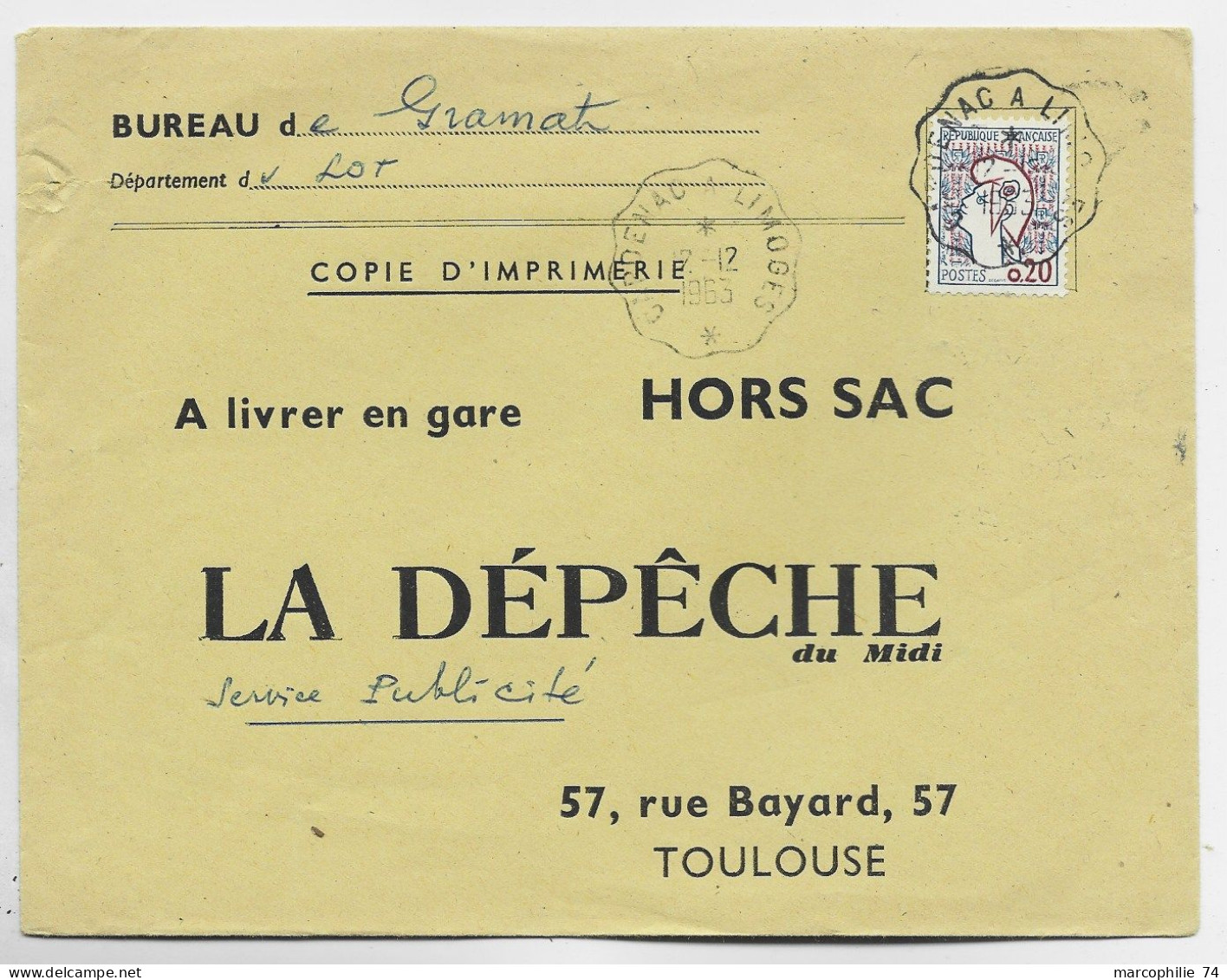 COCTEAU 20C SEUL ENVELOPPE HORS SAC  GRAMAT LOT CONVOYEUR CAPDENAC A LIMOGES 12.12.1965  AU TARIF - 1961 Marianne De Cocteau