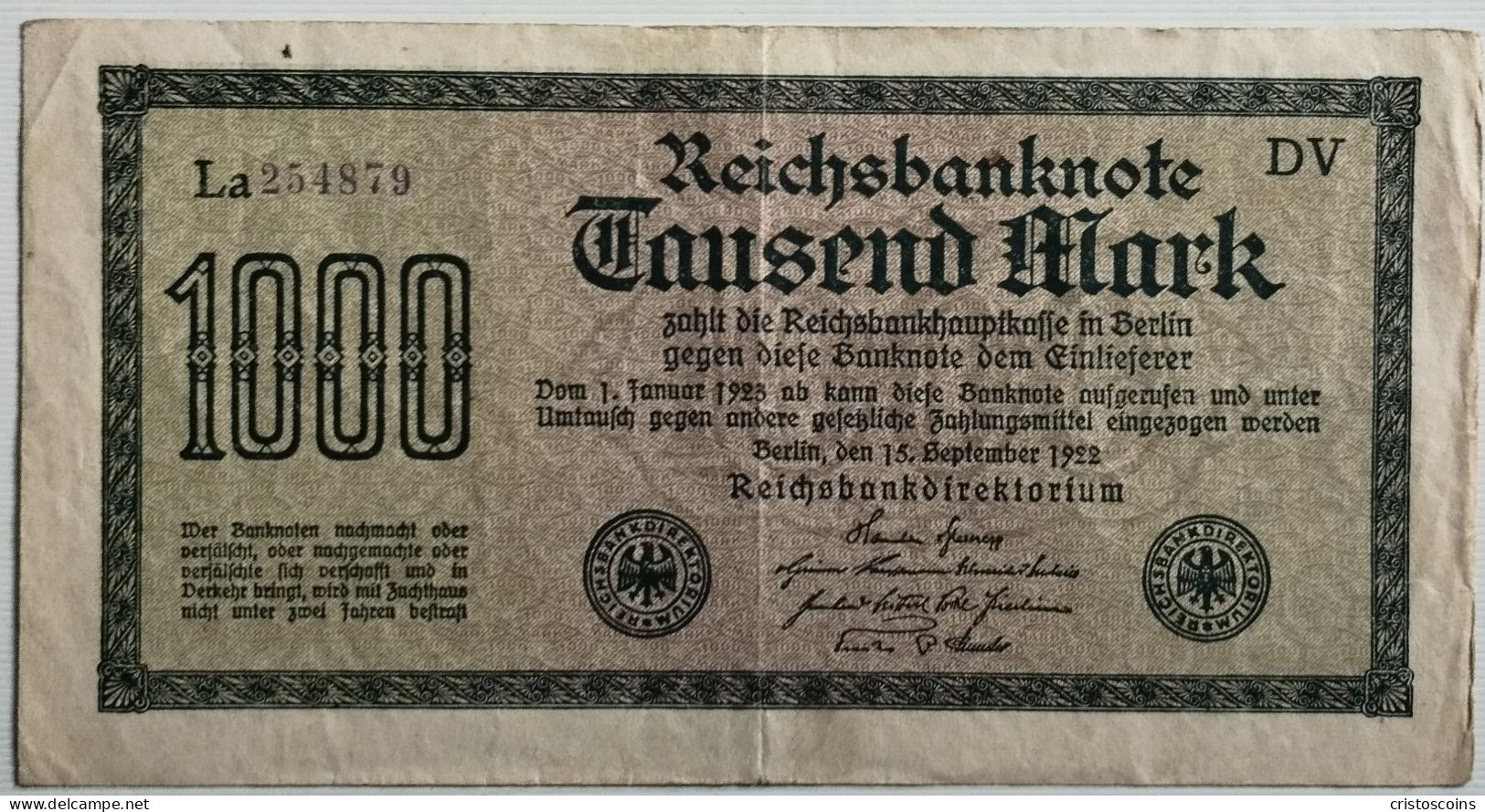 GERMANY 1000 Mark Reichsbanknote P-76d.2.DV Circolata.(B1/28EB - 1.000 Rentenmark