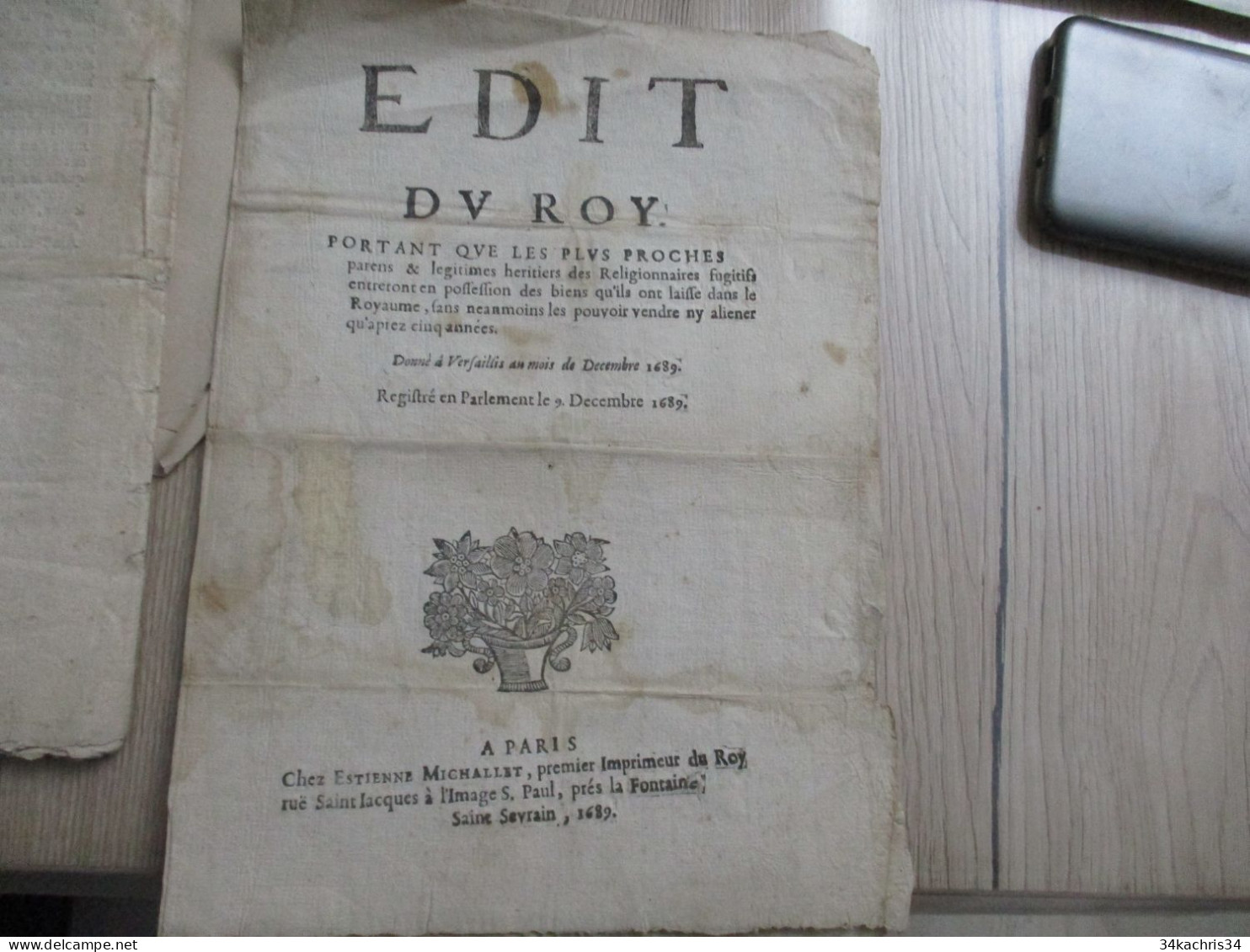 L11 Protestantisme Luther Edit Du Roy 1689 Portant Sur Les Héritiers Des Religionnaires Fugitifs ....en L'état - Décrets & Lois