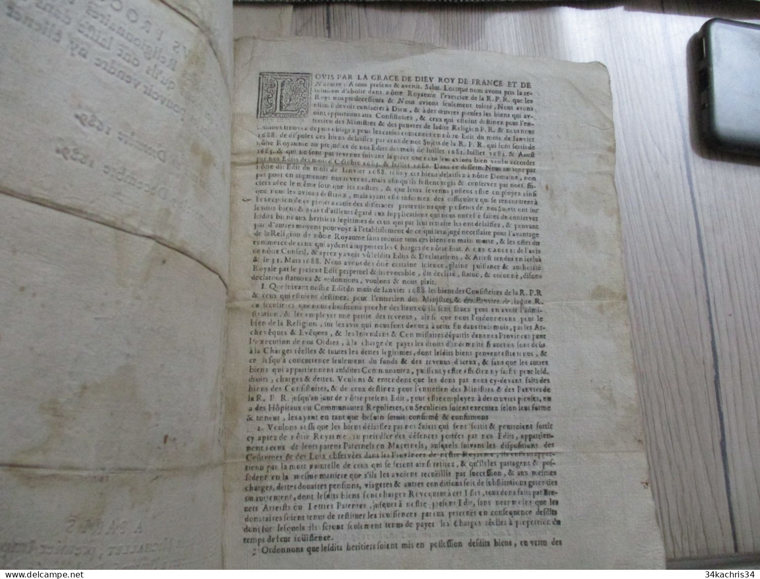 L11 Protestantisme Luther Edit Du Roy 1689 Portant Sur Les Héritiers Des Religionnaires Fugitifs ....en L'état - Decrees & Laws