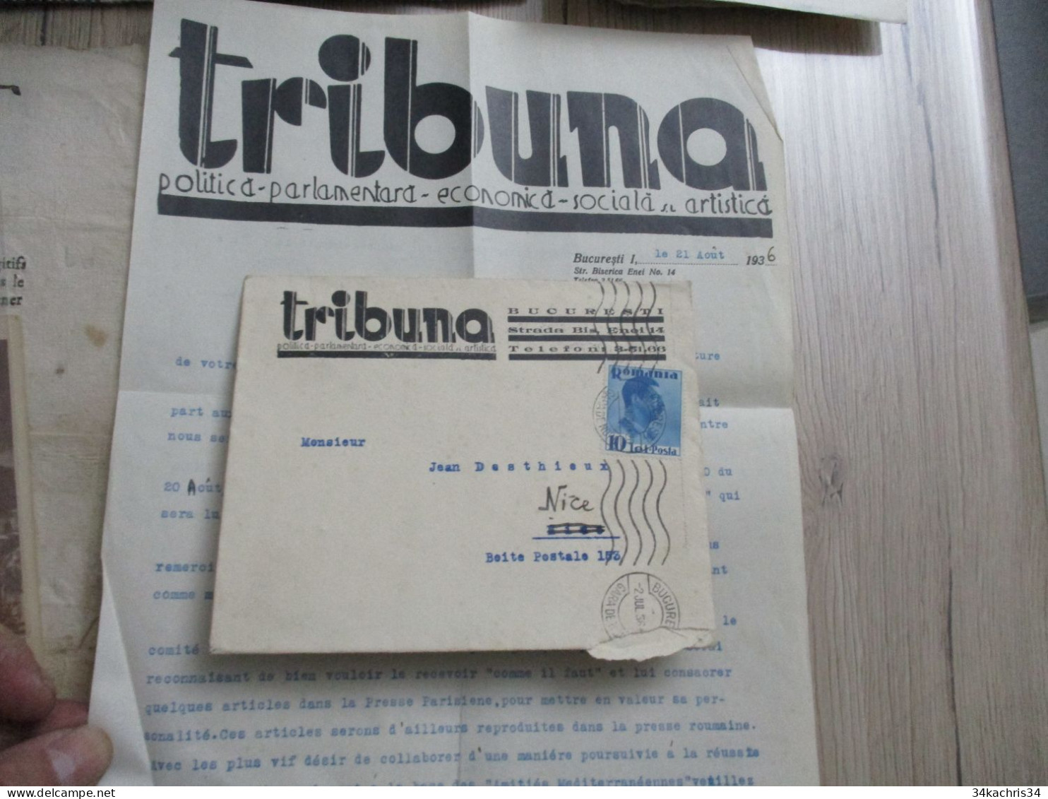 F5 Facture + Lettre à En Tête + Autographe Tribuna Romania Roumanie Bucuresti Journal + Stamp 1936 - Autres & Non Classés