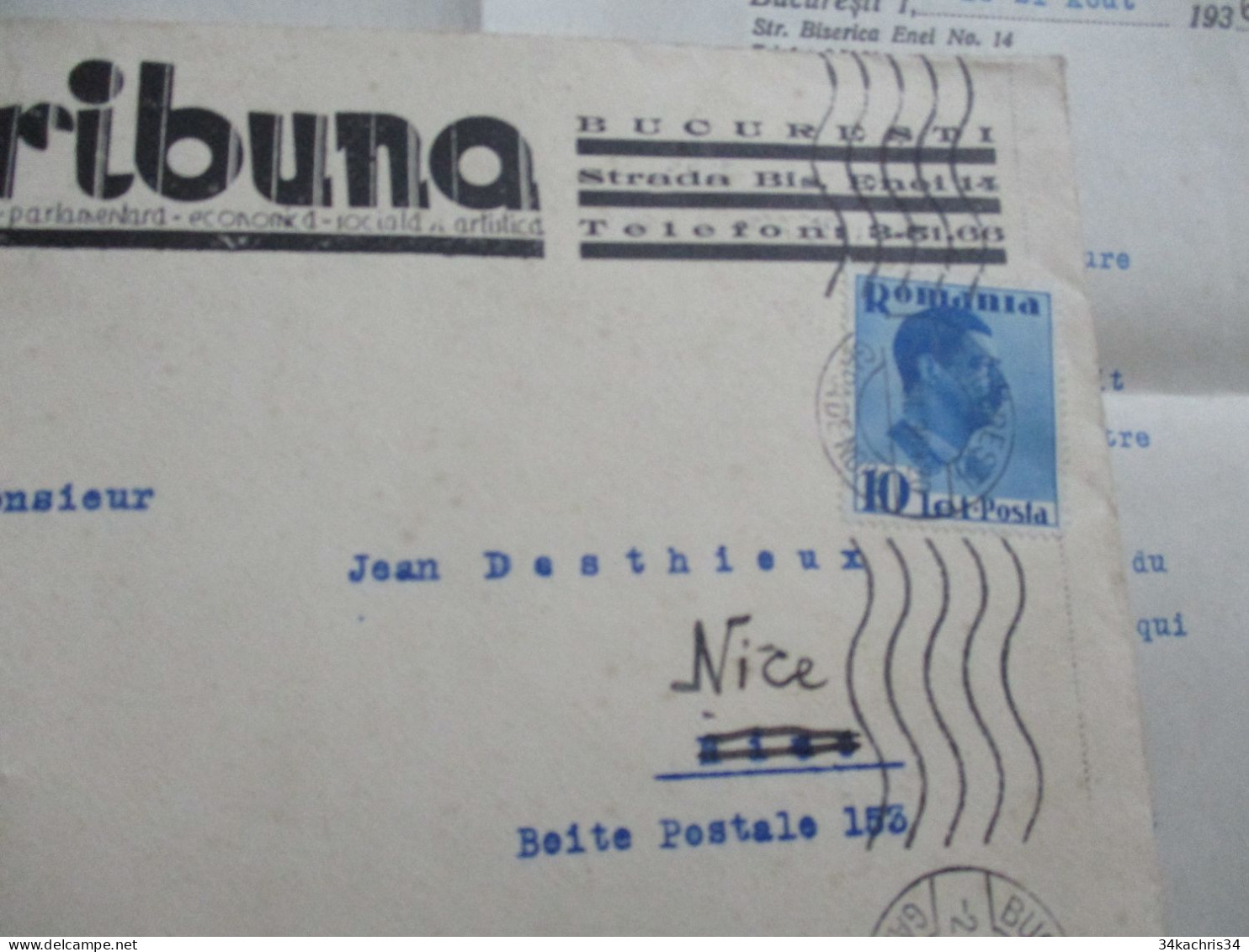 F5 Facture + Lettre à En Tête + Autographe Tribuna Romania Roumanie Bucuresti Journal + Stamp 1936 - Otros & Sin Clasificación