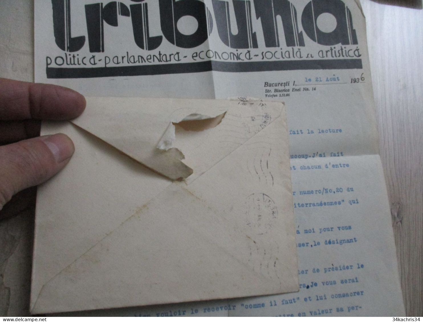 F5 Facture + Lettre à En Tête + Autographe Tribuna Romania Roumanie Bucuresti Journal + Stamp 1936 - Otros & Sin Clasificación