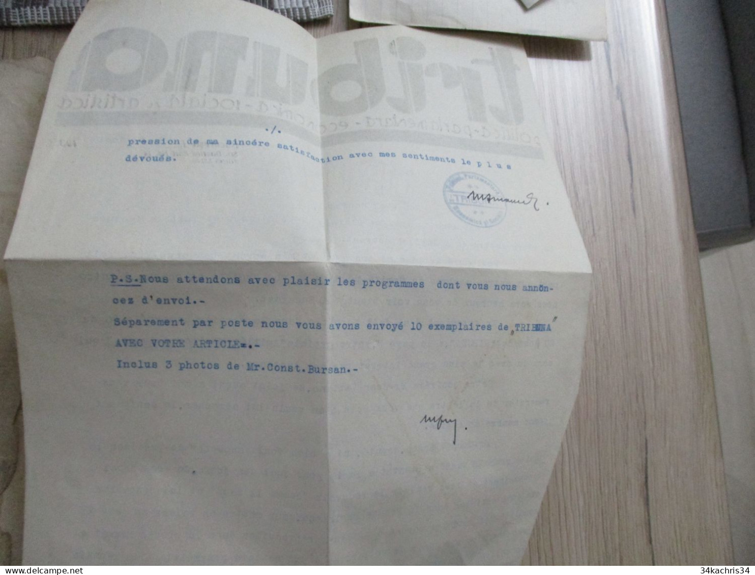 F5 Facture + Lettre à En Tête + Autographe Tribuna Romania Roumanie Bucuresti Journal + Stamp 1936 - Autres & Non Classés
