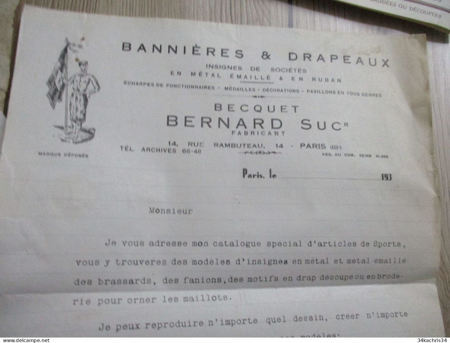 F5 Facture Illustrée 193? Becquet Bernard Paris Bannières Drapeaux Insignes.... - Old Professions