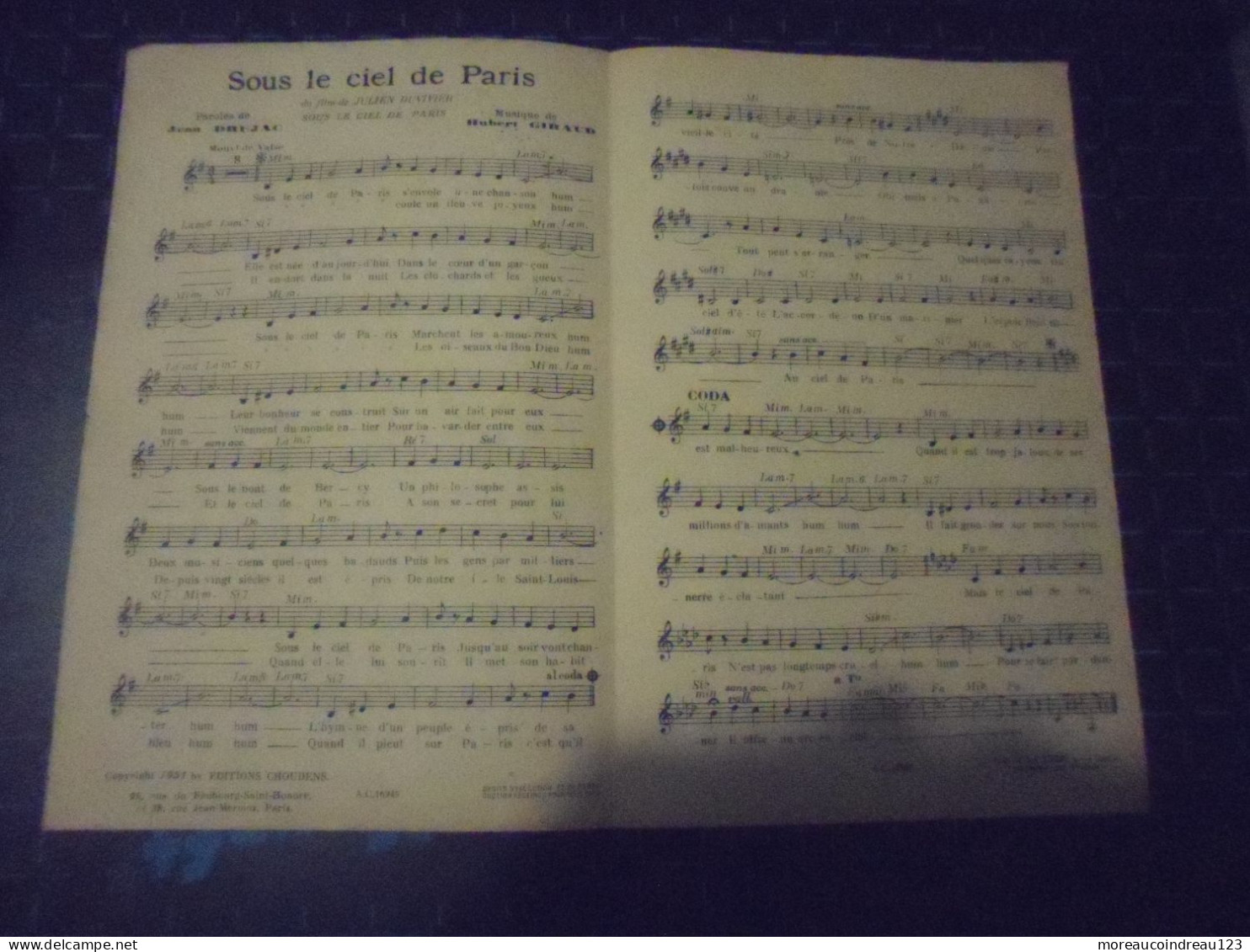 Partissions " Sous Le Ciel De Paris  "  Paroles Et Musique - Sonstige & Ohne Zuordnung