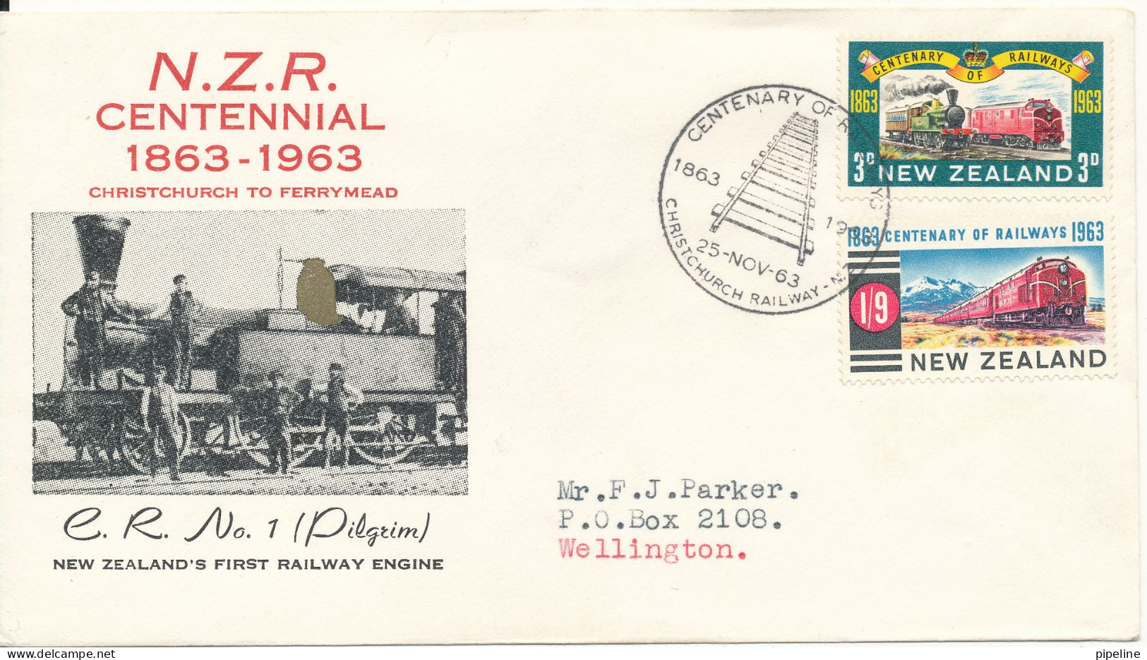 New Zealand FDC 25-11-1963 N.Z.R. Centennial 1863 - 1963 Christchurch To Ferrymead Complete Set Of 2 With Cachet - FDC