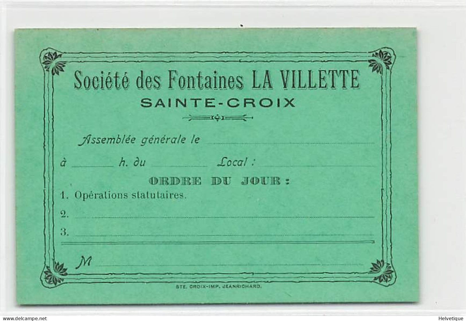 Sainte-Croix Société Des Fontaines De La Vilette Ste-Croix Carte De Membre - Sainte-Croix 