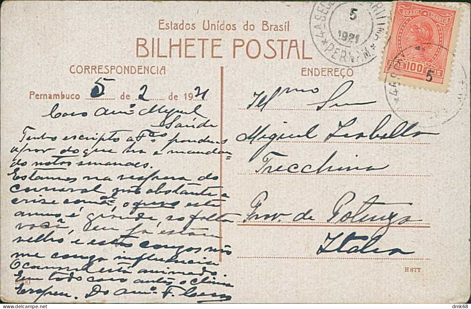 BRAZIL - PRACA RIO BRANCO E ESTATUA - RECIFE - PERNAMBUCO - MAILED TO ITALY 1921 -  (17638) - Recife