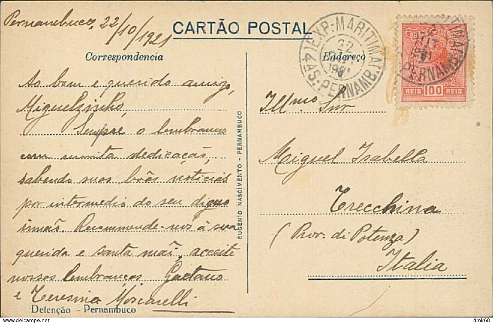 BRAZIL - DEFENCAO - PERNAMBUCO - MAILED TO ITALY 1921 -  (17640) - Recife