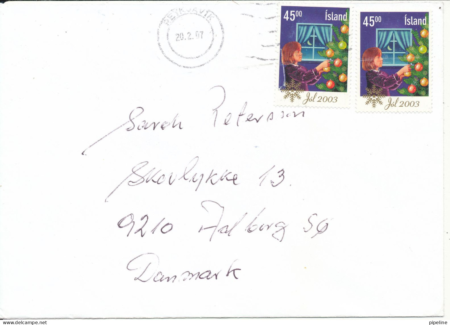 Iceland Cover Sent To Denmark 20-2-2007 With Christmas Stamps 2003 - Cartas & Documentos