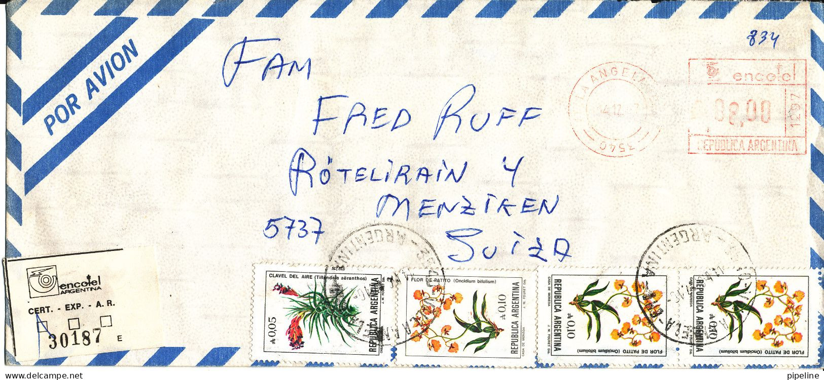 Argentina Registered Air Mail Cover With Meter Cancel And Stamps Sent To Switzerland Villa Angela 14-12-1987 Topic Stamp - Luchtpost