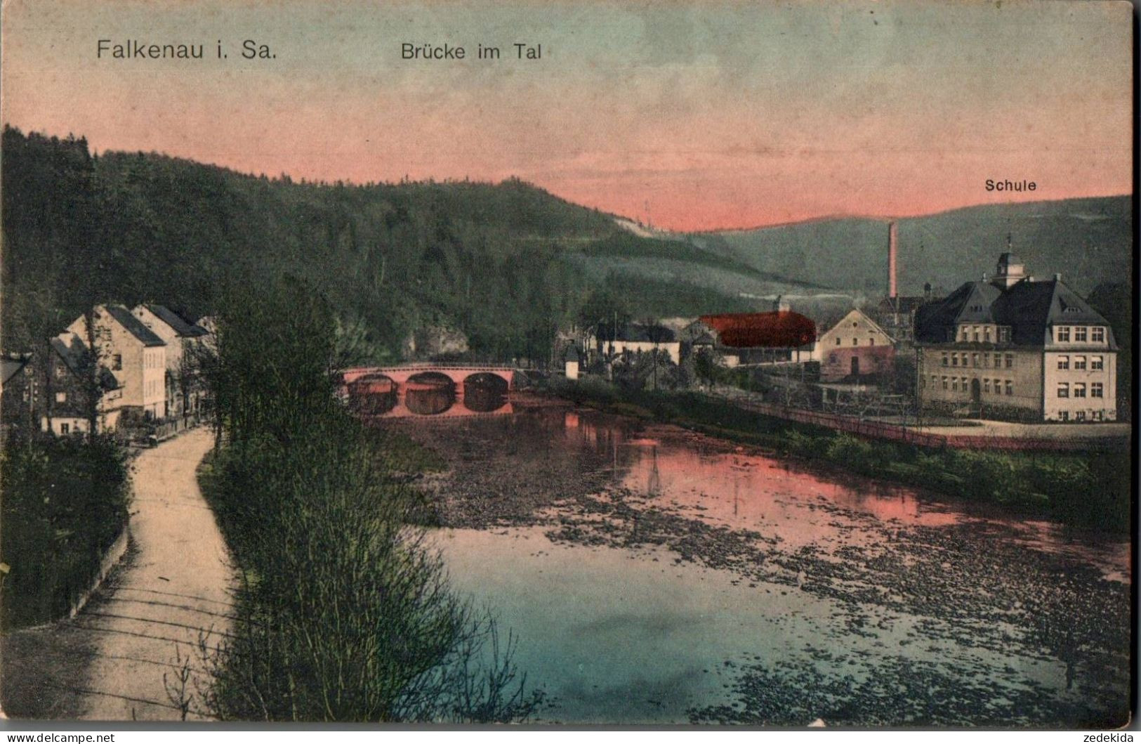 G2761 - Falkenau - Brücke Ins Tal Schule - Verlag Max Schubert - Floeha