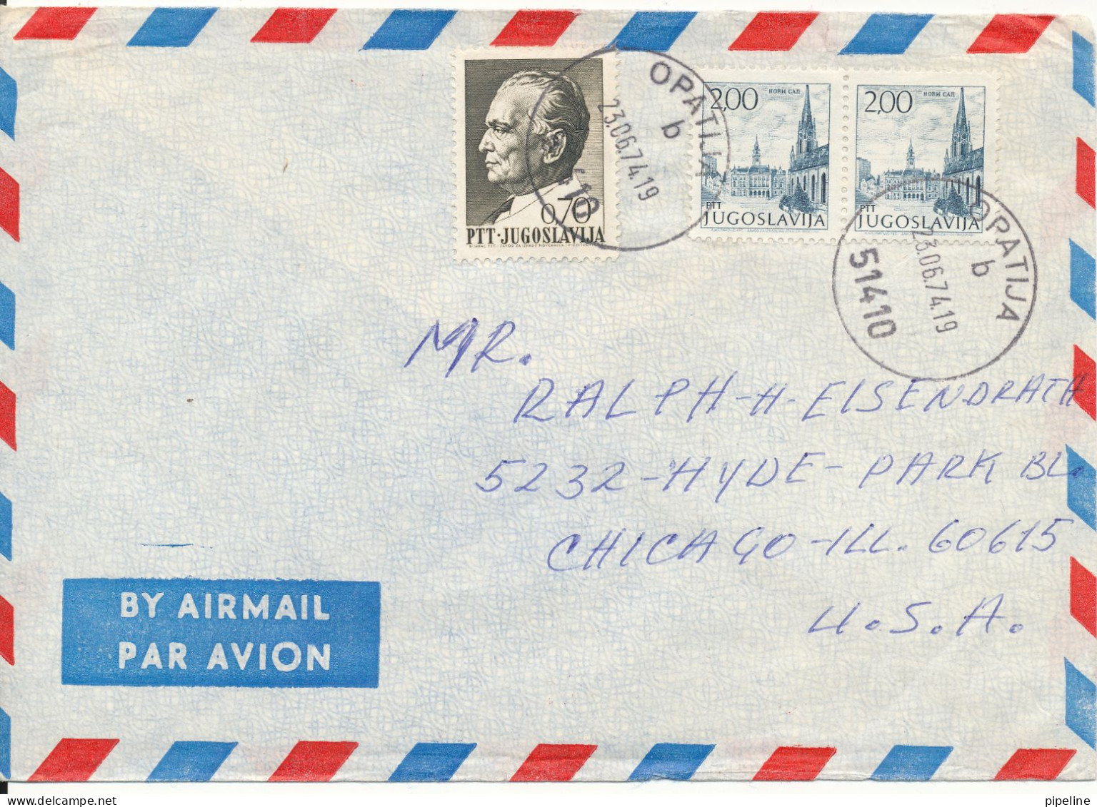 Yugoslavia Air Mail Cover Sent To USA Opatia 23-6-1974 - Luftpost