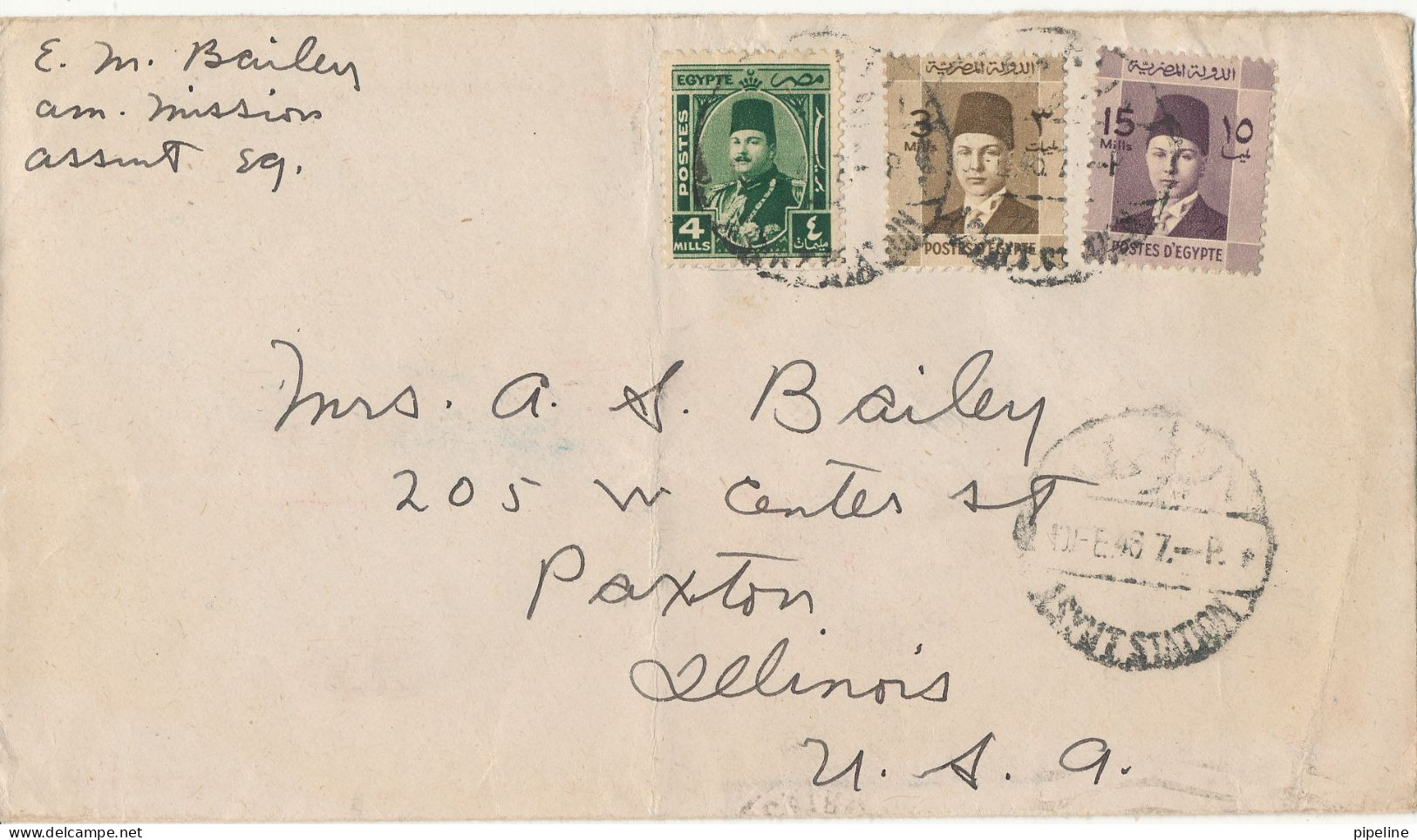 Egypt Cover Sent To USA 10-2-1946 (the Cover Is Folded) - Brieven En Documenten