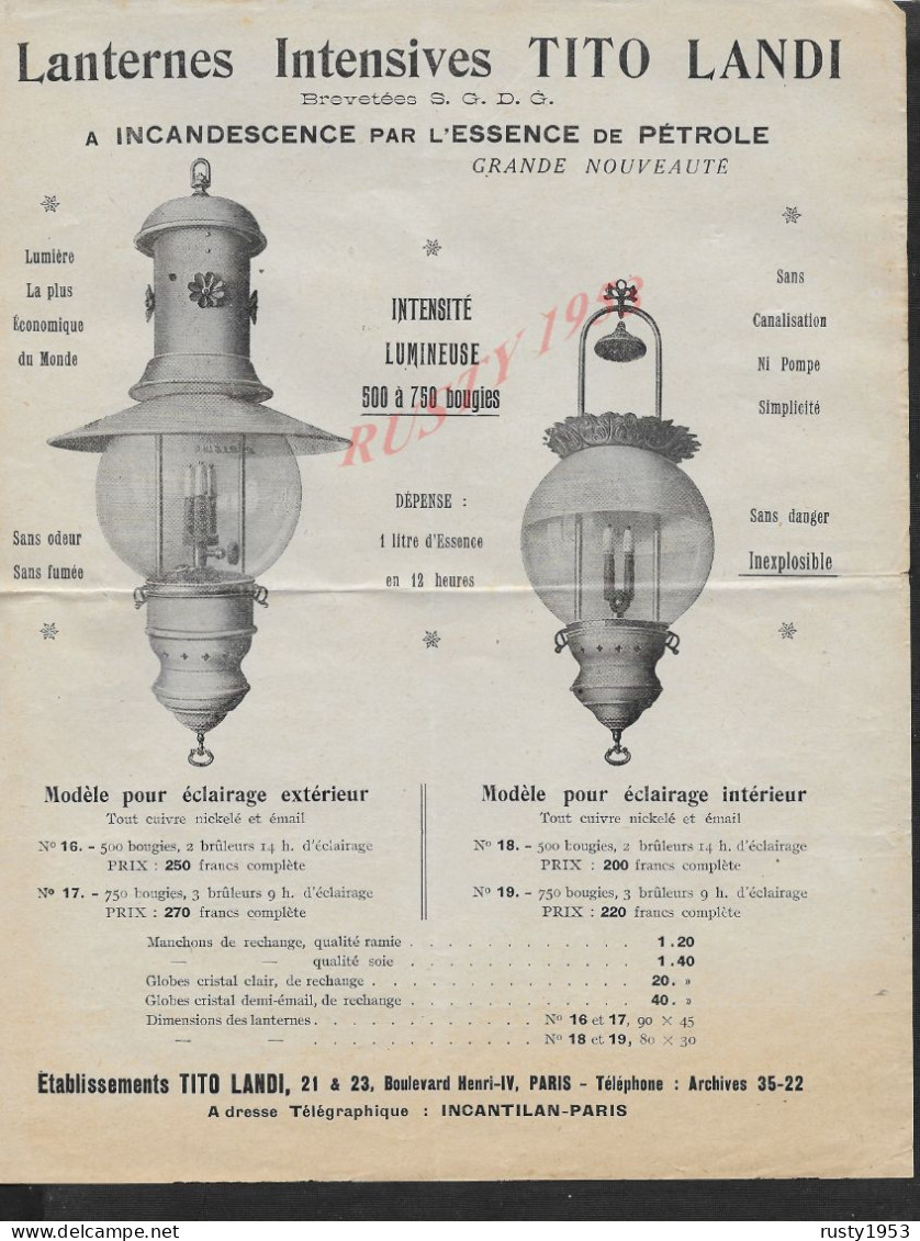 ELECTRICITÉ AFFICHE 28 X 21 ILLUSTRÉE PUBLICITAIRE LANTERNE INTENSIVE TITO LANDI ( ESSENCE & PETROLE LUMIERE LAMPE ): - Electricité & Gaz