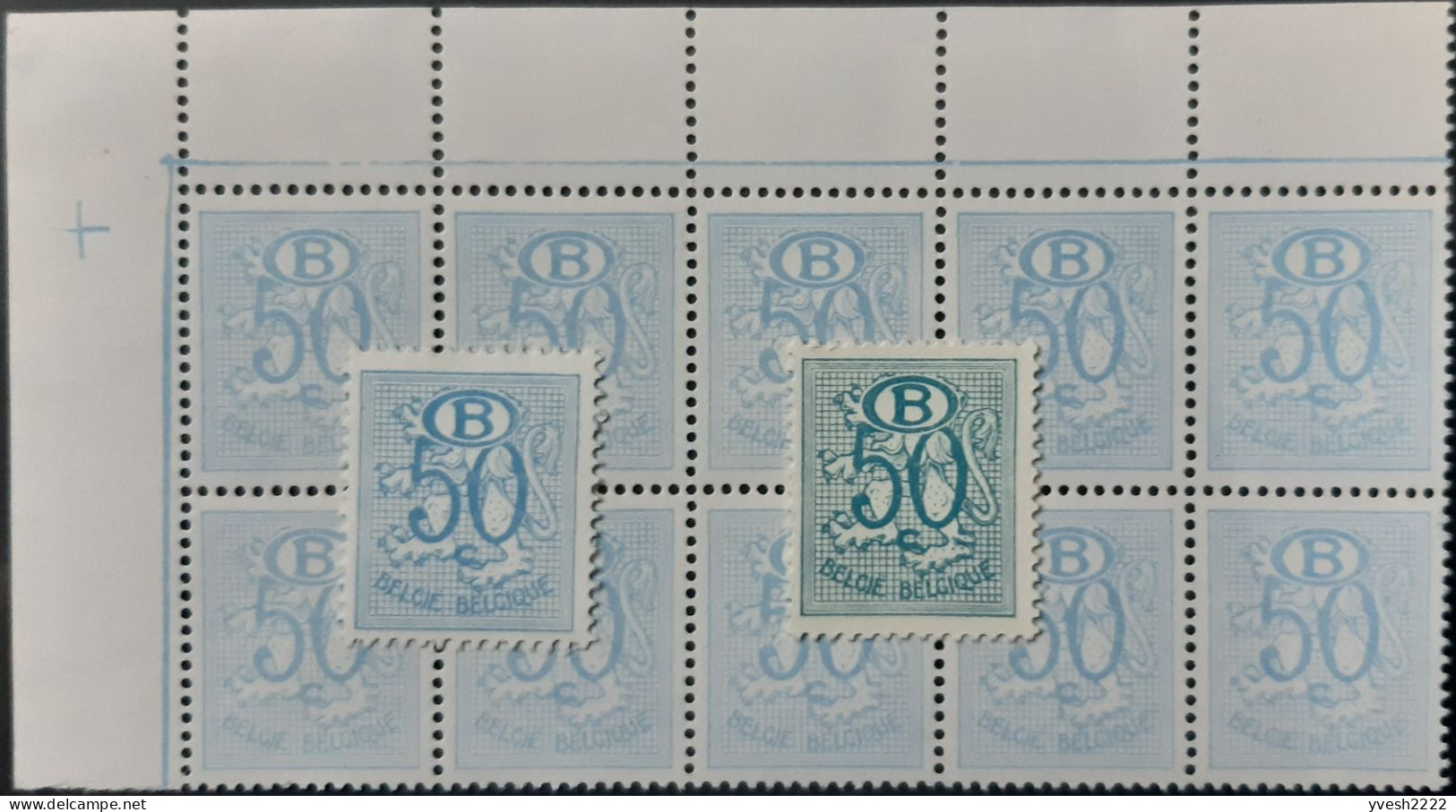 Belgique 1952 Y&T / COB S51 Et S51a +bloc De 10, Papier Blanc, Couleur Extrêmement Pâle (curiosité). Sans Charnières - 1951-1975 Heraldischer Löwe (Lion Héraldique)