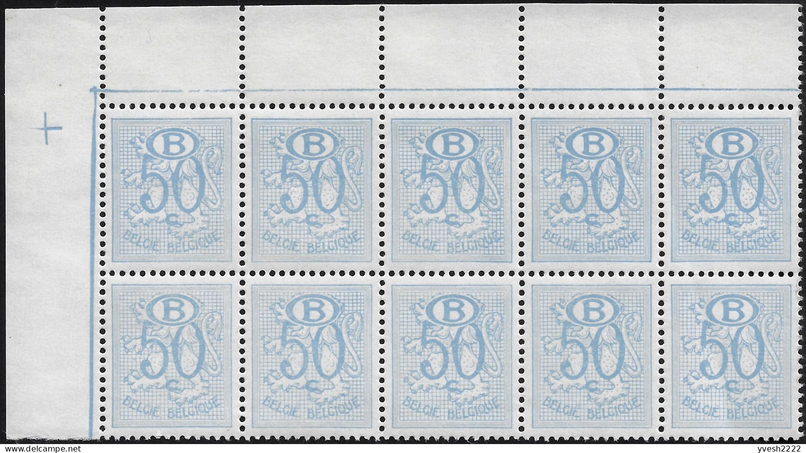 Belgique 1952 Y&T / COB S51 Et S51a +bloc De 10, Papier Blanc, Couleur Extrêmement Pâle (curiosité). Sans Charnières - 1951-1975 Heraldic Lion