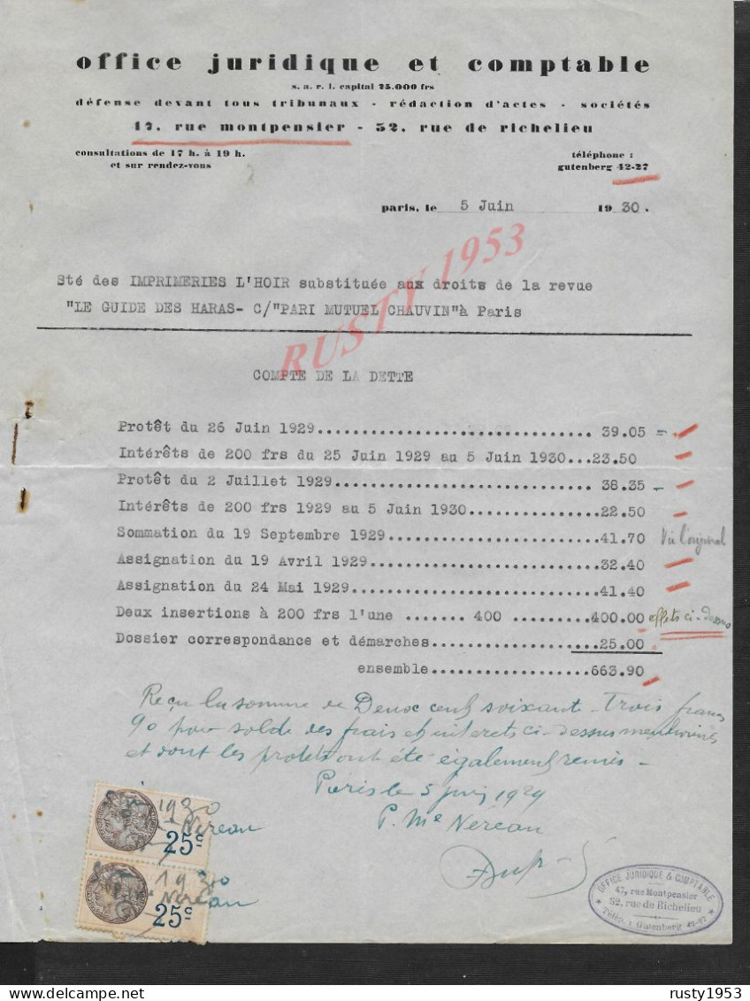 HIPPIMES LETTRE SUR FISCAUX HIPPIQUE OFFICE JURIDIQUE PARIS RUE MONTPENSIER & RICHELIEU SOCIETE COURSE CHEVAUX 1930  : - Hipismo