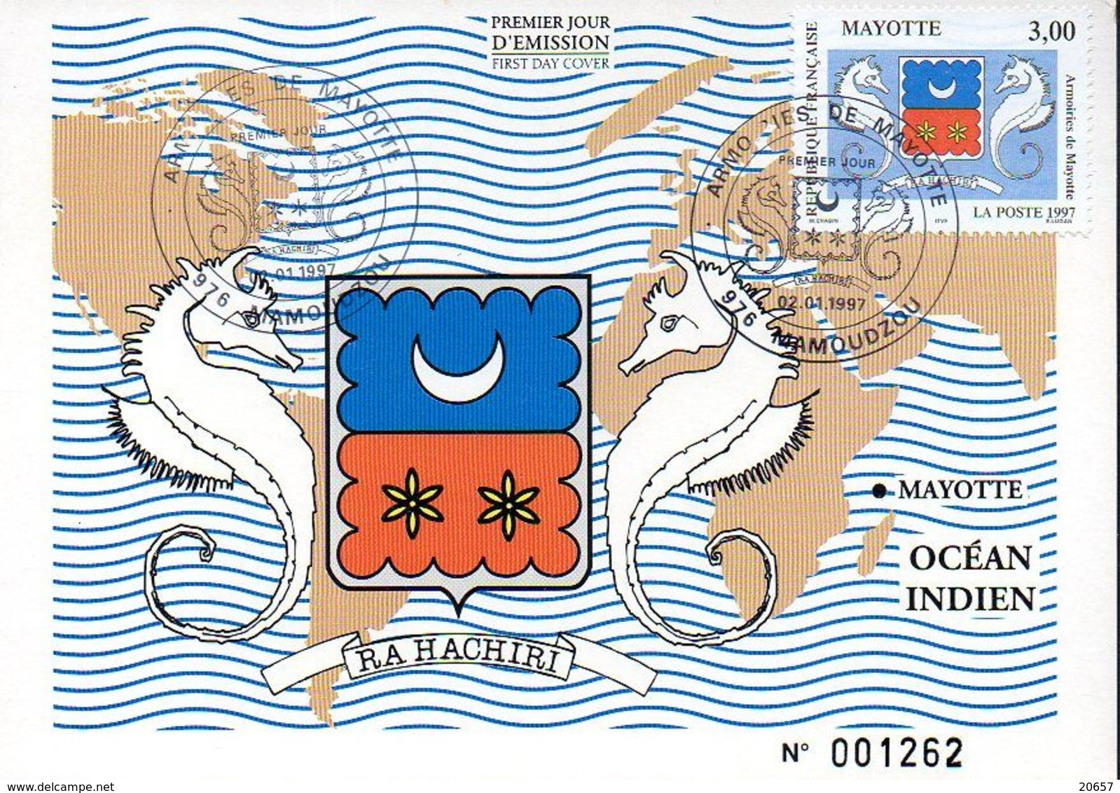 MAYOTTE 0043 Fdc Armoiries, Hippocampe, Carte, Lune - Enveloppes