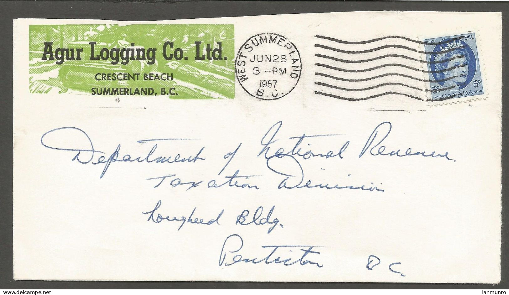 1957 Agur Logging Co Illustrated Advertising Cover 5c Wilding West Summerland BC - Histoire Postale