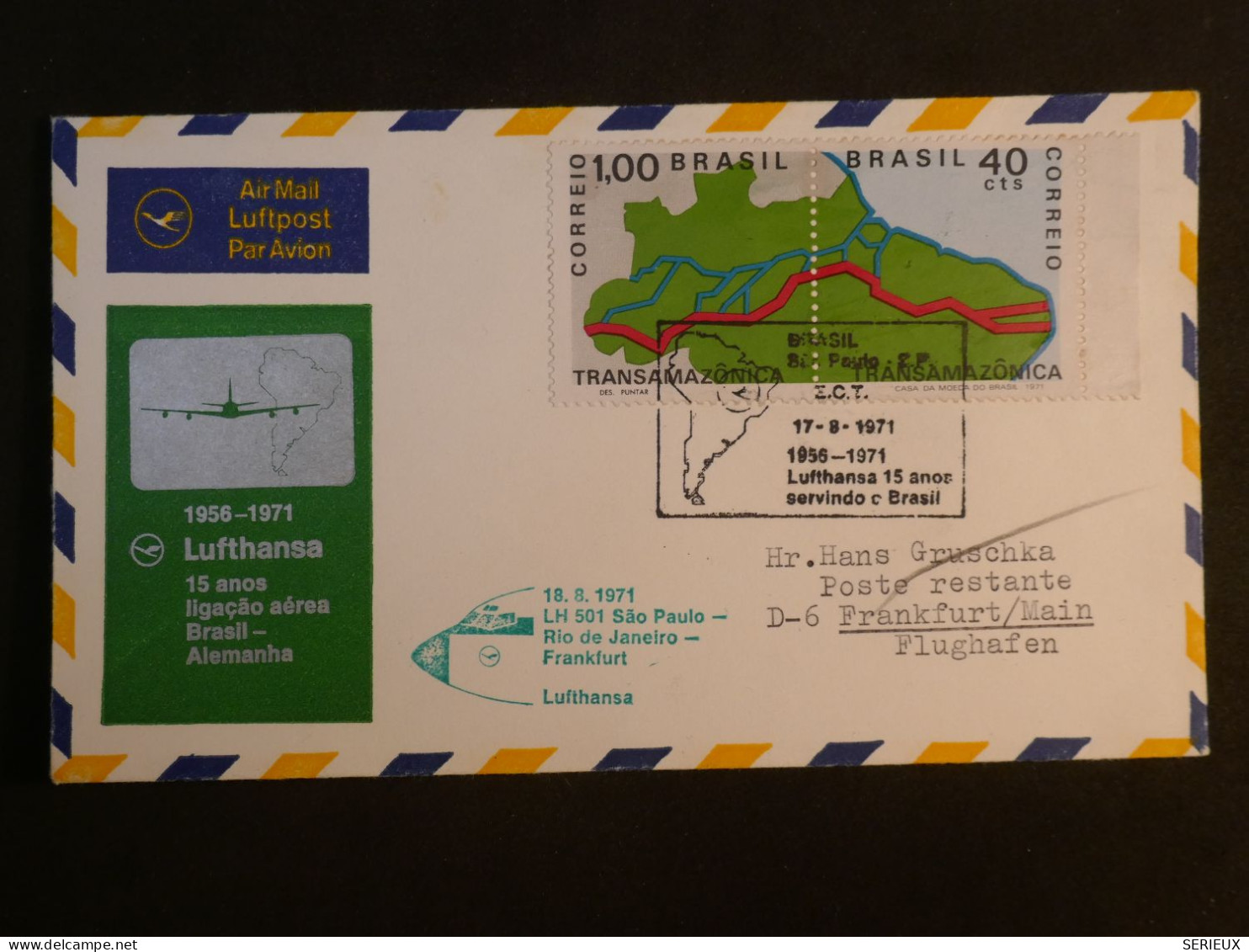 DI 10 BRESIL  BELLE  LETTRE LUFTHANSA 1971  VOL  .A   FRANKFURT ALEMANHA + AFF. INTERESSANT+++ - Lettres & Documents