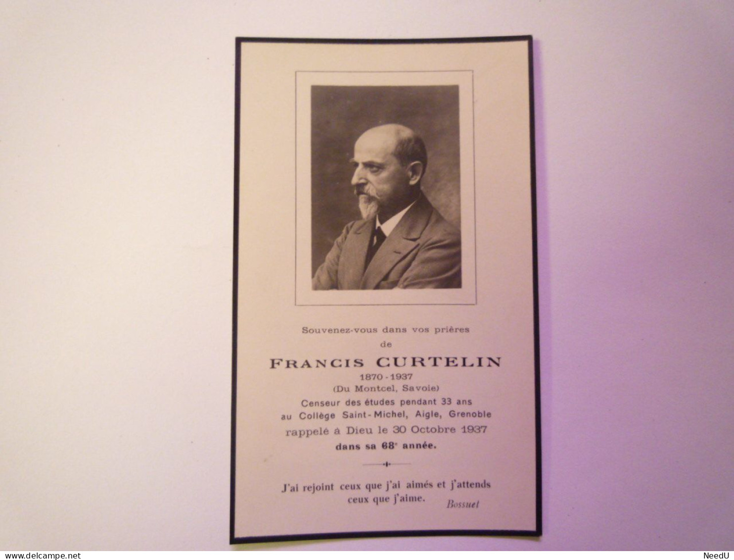 GP 2024 - 3  FAIRE-PART De DECES De Francis CURTELIN  (1870 - 1937)  Censeur Des études Au Collège ST-Michel Grenoble - Décès