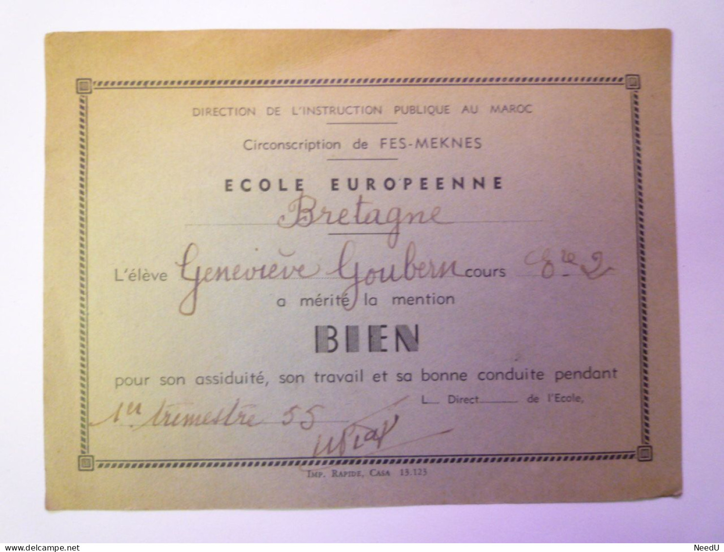 GP 2024 - 4  ECOLE EUROPEENNE  "BRETAGNE"  (Maroc  -  FES-MEKNES)  MENTION BIEN  1955   XXX - Diplômes & Bulletins Scolaires