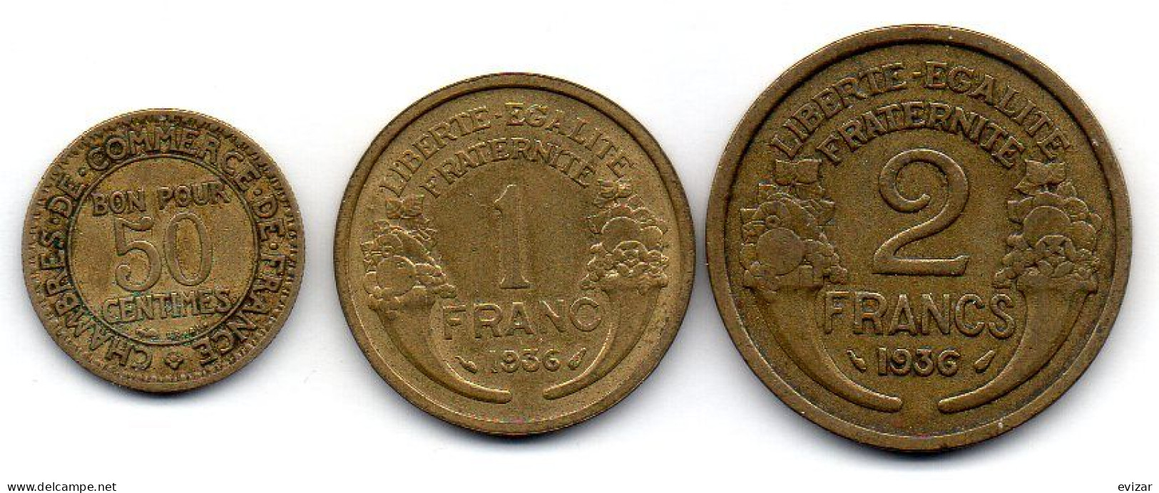 FRANCE, Set Of Three Coins 50 Centimes, 1, 2 Francs, Aluminum-Bronze, Year 1923, 1936, KM # 884, 885, 886 - Sonstige & Ohne Zuordnung