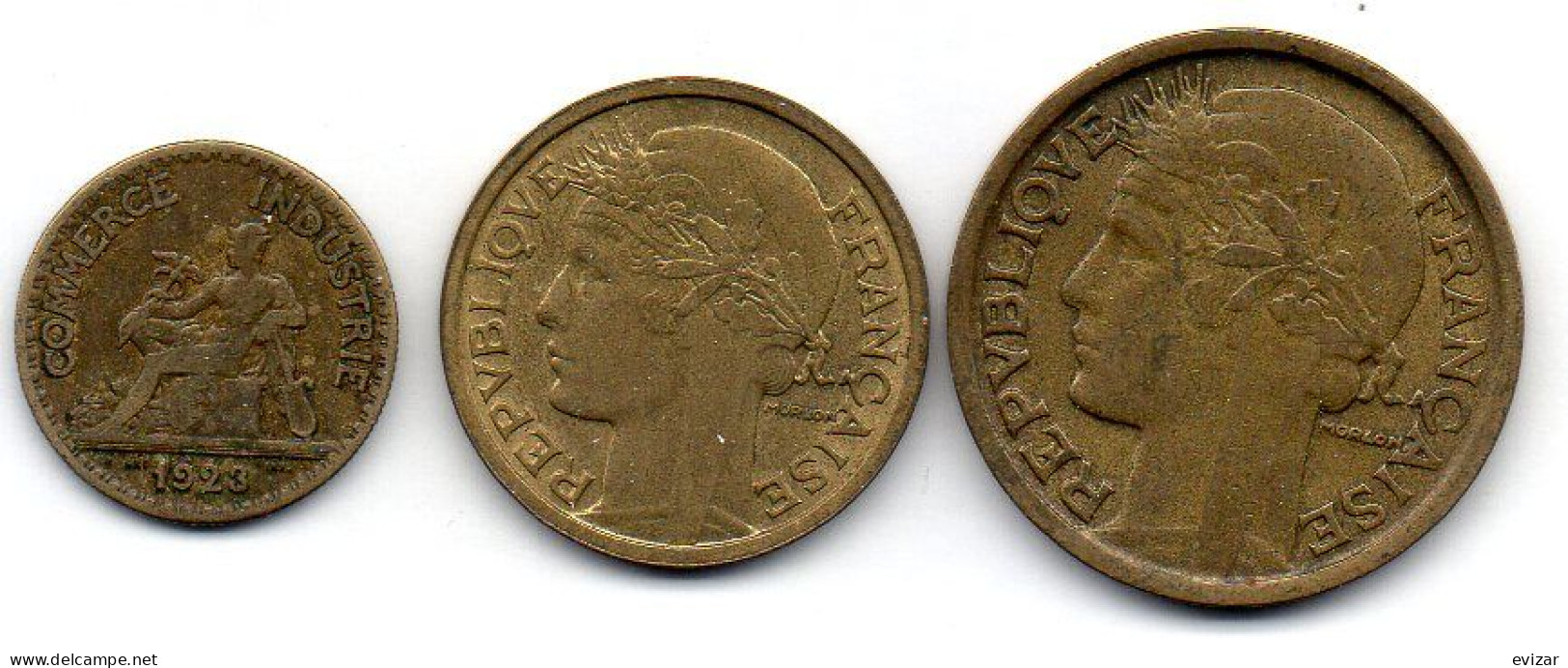 FRANCE, Set Of Three Coins 50 Centimes, 1, 2 Francs, Aluminum-Bronze, Year 1923, 1936, KM # 884, 885, 886 - Sonstige & Ohne Zuordnung