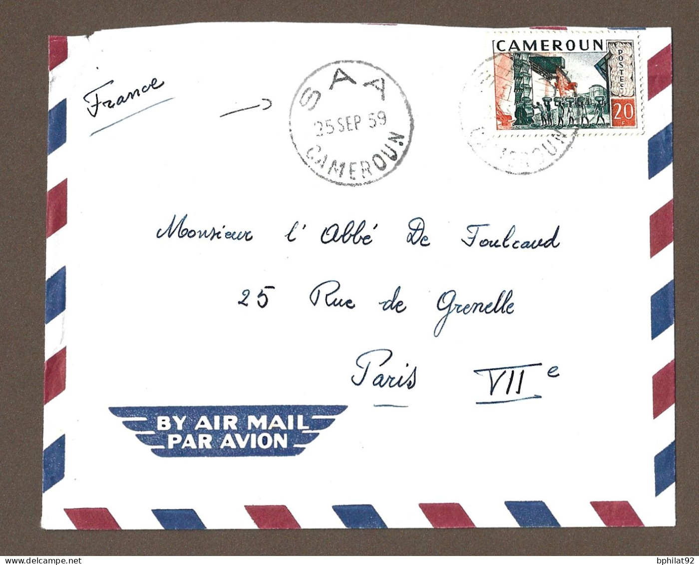 !!! LETTRE PAR AVION DU CAMEROUN POUR PARIS, CACHET RARE DU BUREAU DE SAA, DE 1959 - Luchtpost