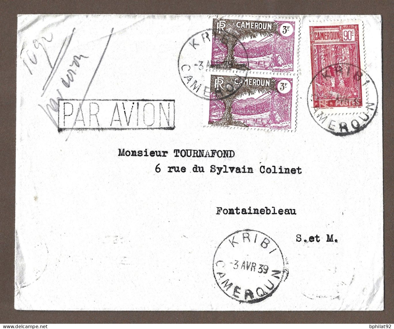 !!! LETTRE PAR AVION DU CAMEROUN POUR LA FRANCE, CACHET DE KRIBI, DE 1939 - Airmail