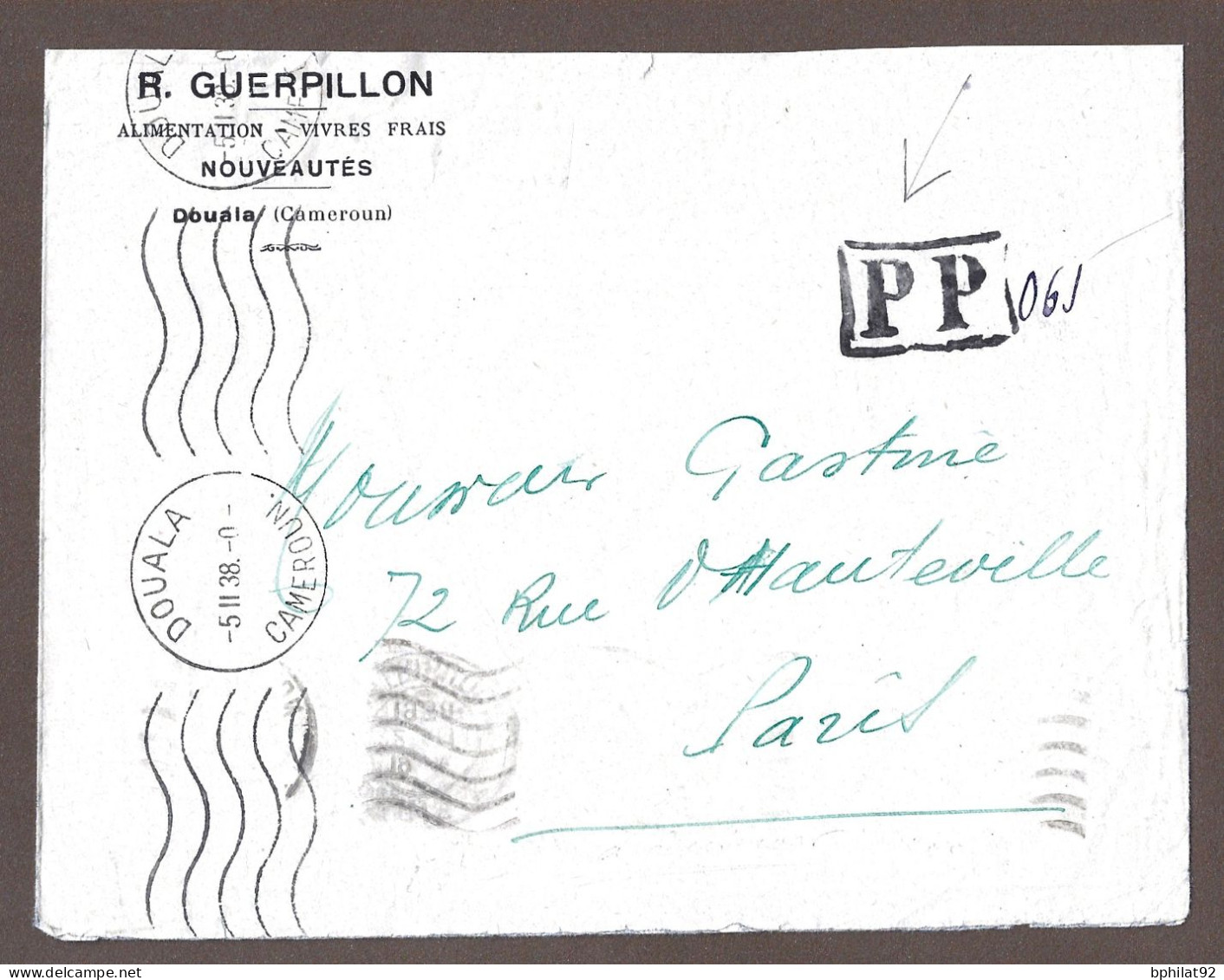 !!! LETTRE DU CAMEROUN POUR PARIS, CACHET DE DOUALA AVEC MARQUE POSTALE PORT-PAYÉ (PP) EN NUMÉRAIRE, DE 1938 - Covers & Documents