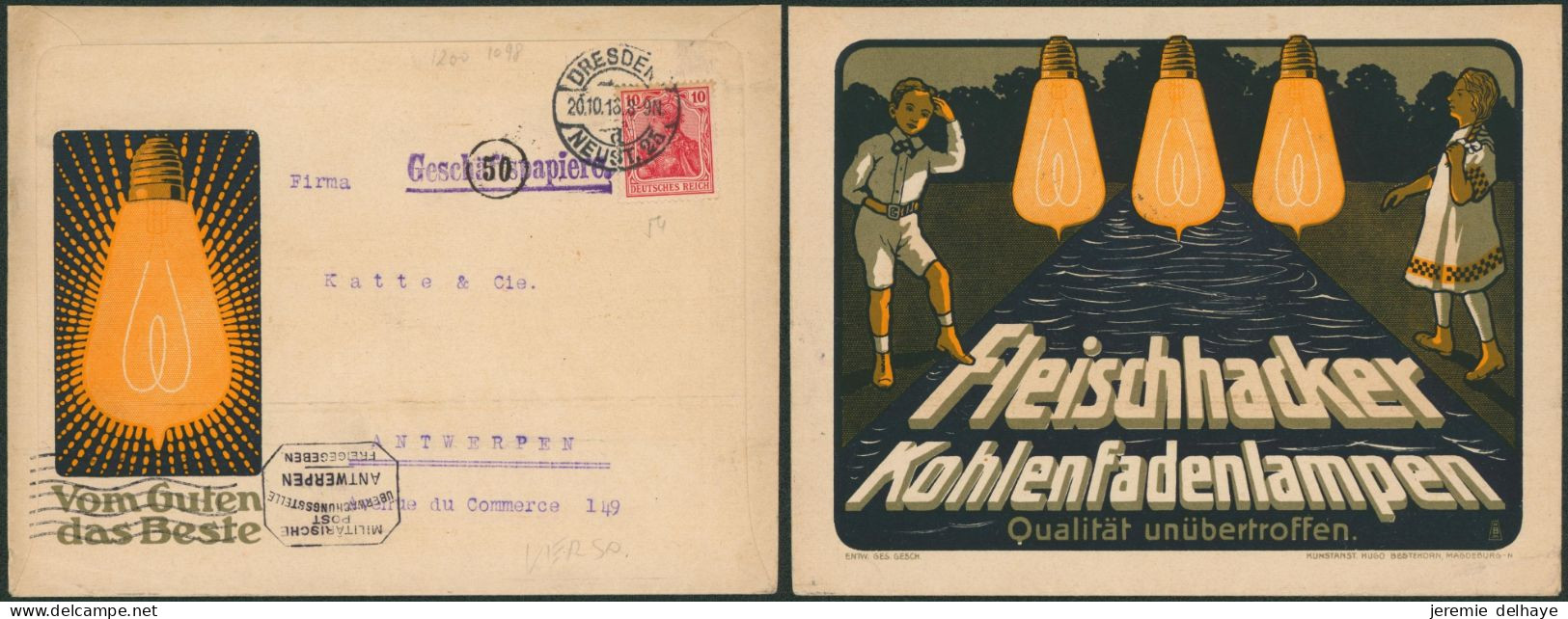 Allemagne - 10 Pf Red On Adversting Letter "Fleisch Hacker / Kohlenfadenlampen" From Dresden (1918) > Antwerpen / Lamps - Autres & Non Classés