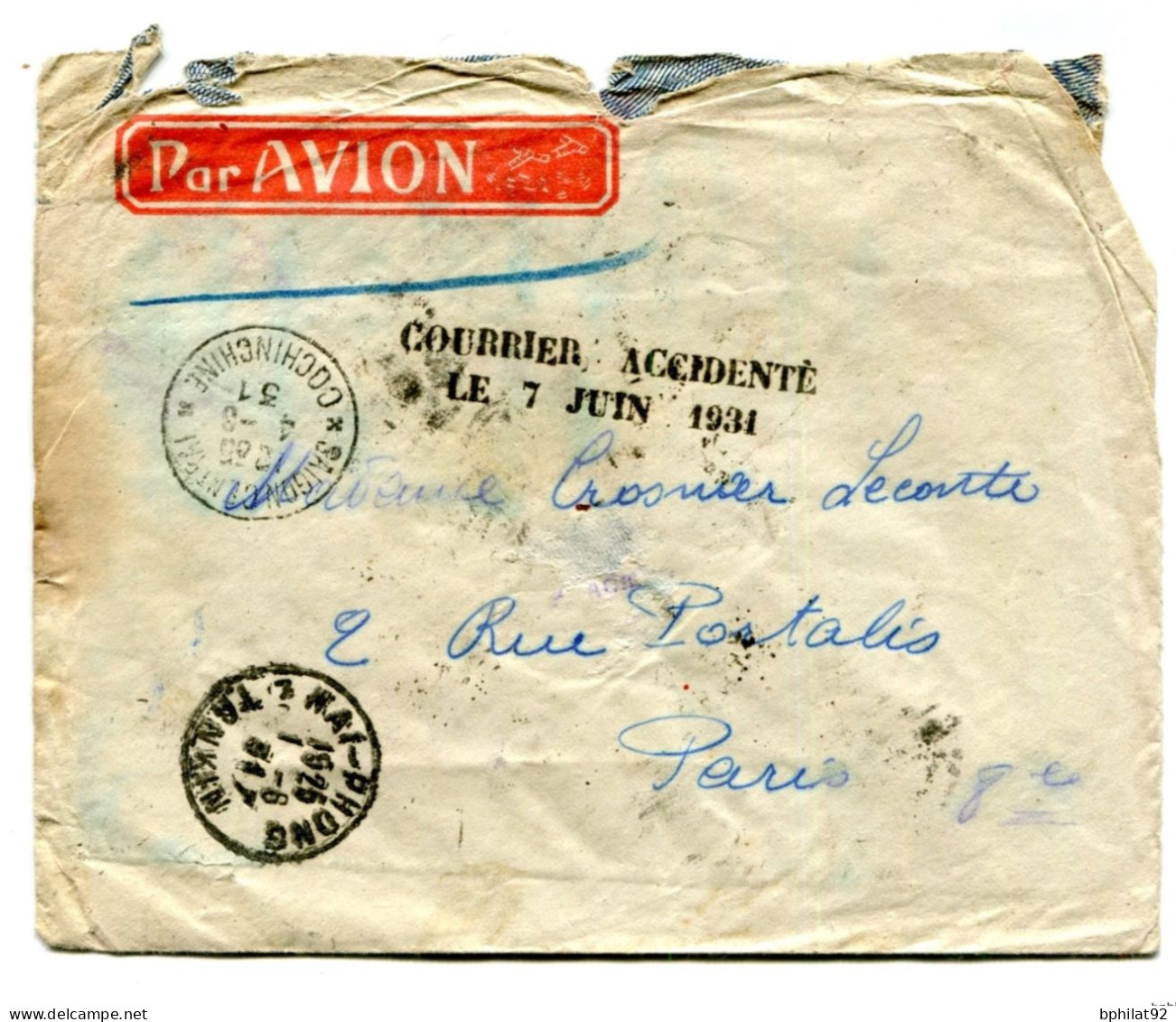 !!! LIGNE NOGUES : LETTRE D'HAIPHONG RESCAPEE DE L'ACCIDENT DE LA RIVIERE SANDOWAY LE 7/6/1931 - Cartas Accidentadas