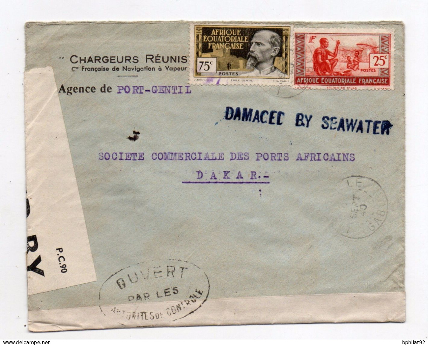 !!! LETTRE DE PORT GENTIL DE SEPTEMBRE 1940 POUR DAKAR, MARQUE LINEAIRE BLEUE "DAMAGED BY SEAWATER" - Cartas Accidentadas