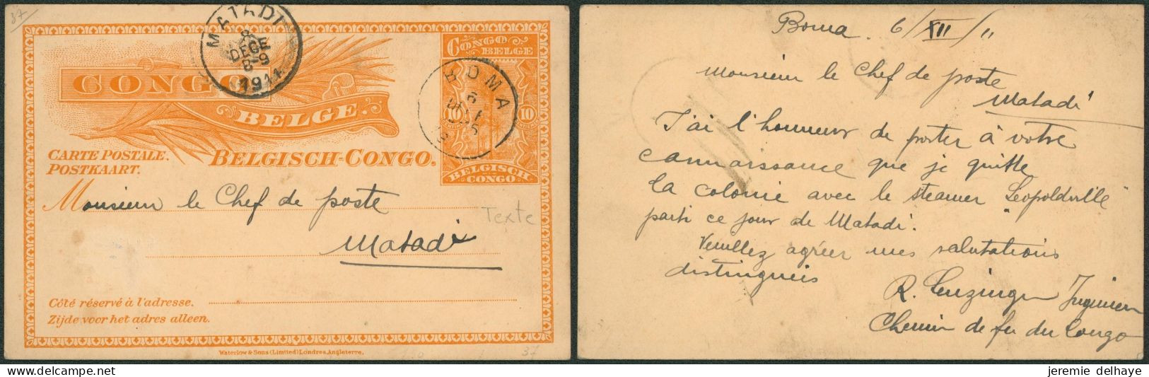 Congo Belge - EP Au Type N°37 (SBEP) 10ctm Orange Expédié De Boma (1911) > Chef De Poste à Matadi / Texte - Stamped Stationery