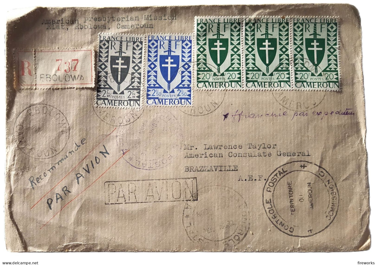 1942 ENVELOPPE + TIMBRES DE AMERICAN PRESBYTERIAN CAMERON To AMERICAN CONSULATE BRAZZAVILLE - Gebraucht