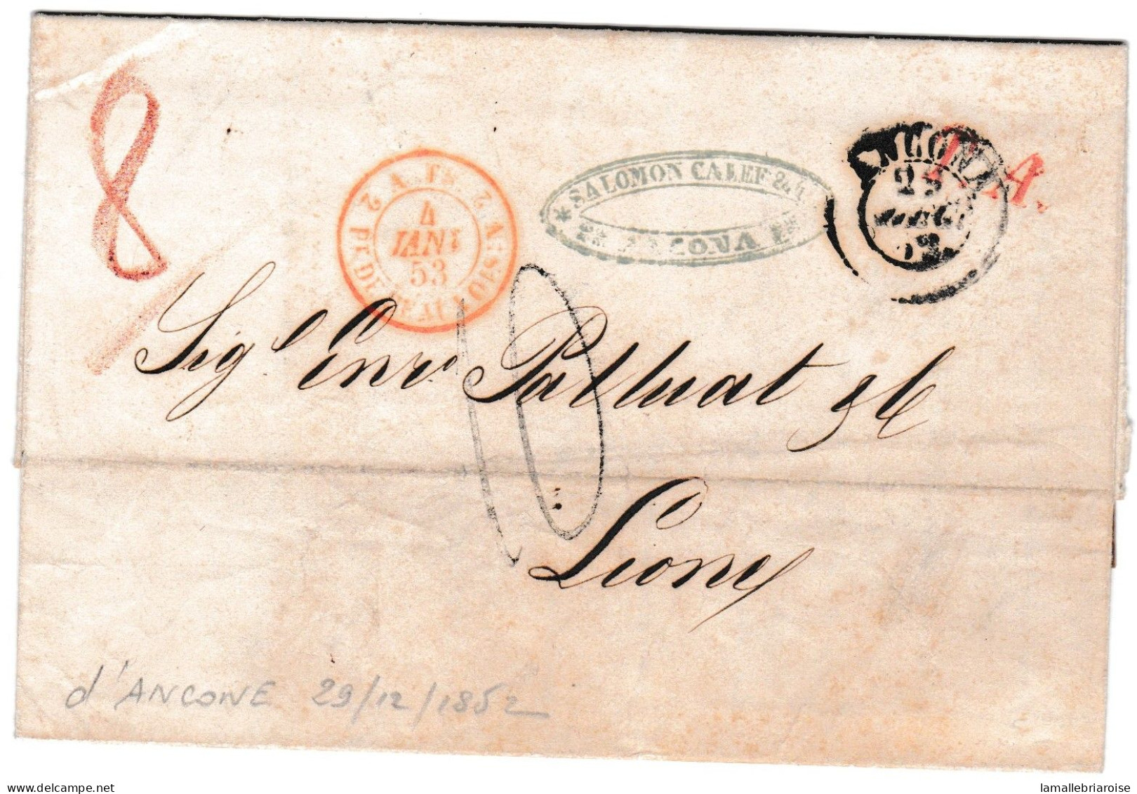 Italie, Lettre D'Ancona Du 29/12/1852 Pour Lyon - Non Classés