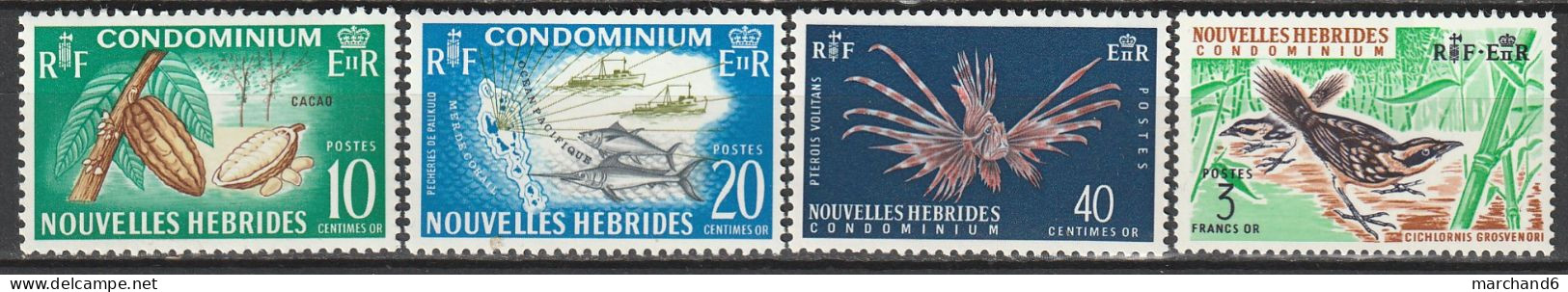 Nouvelles Hébrides Série Courante Cacaoyer Peche Et Carte Pterois Volitans 1965 N°215/218 Neuf** - Unused Stamps