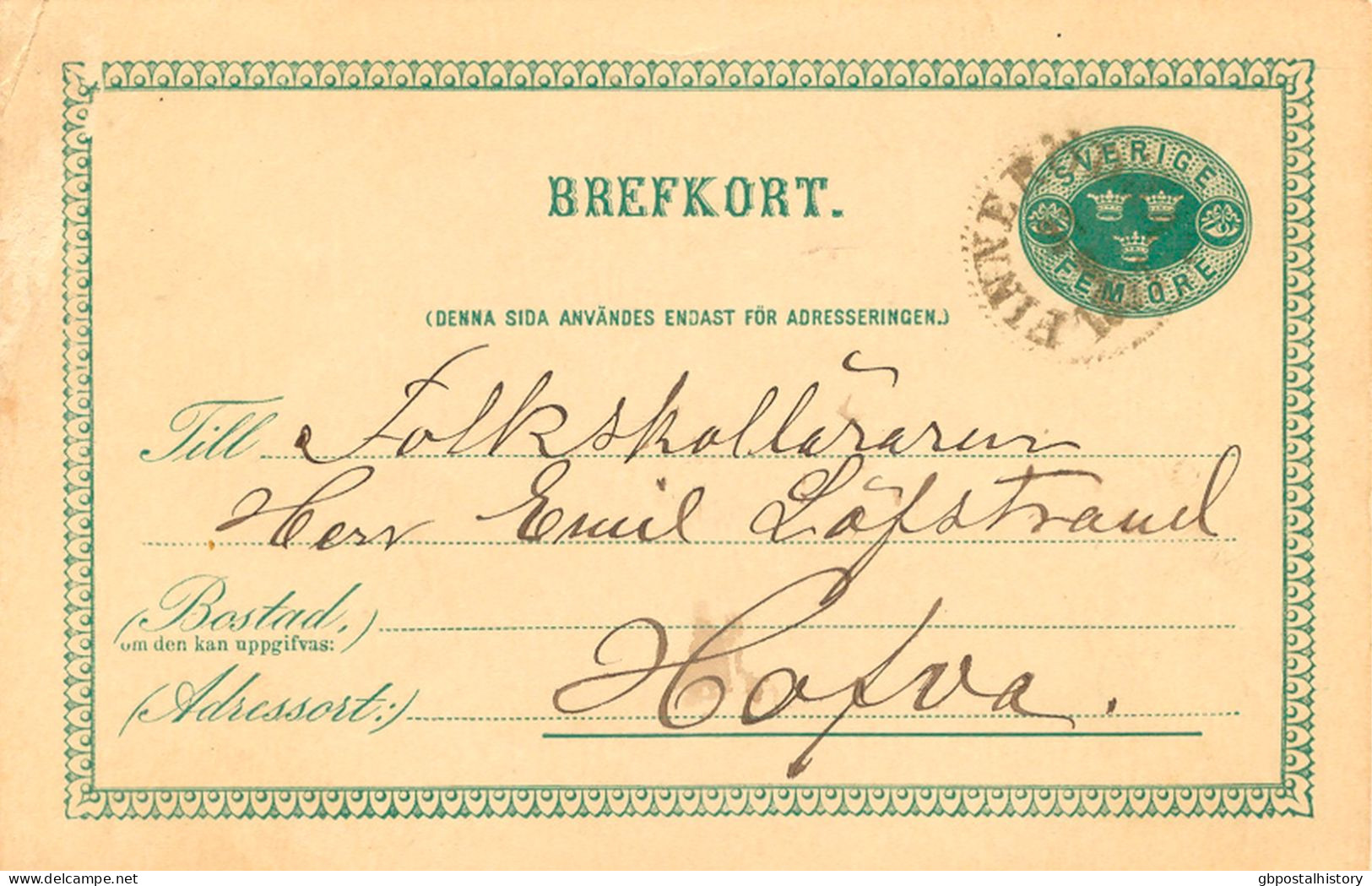 SCHWEDEN 1891, "FINNERÖDJA" K1 A. 5 (FEM) Öre Grün GA-Postkarte, Pra. (kl. Mngl.), ABART: Obel Links: Gebrochener Rahmen - Variedades Y Curiosidades