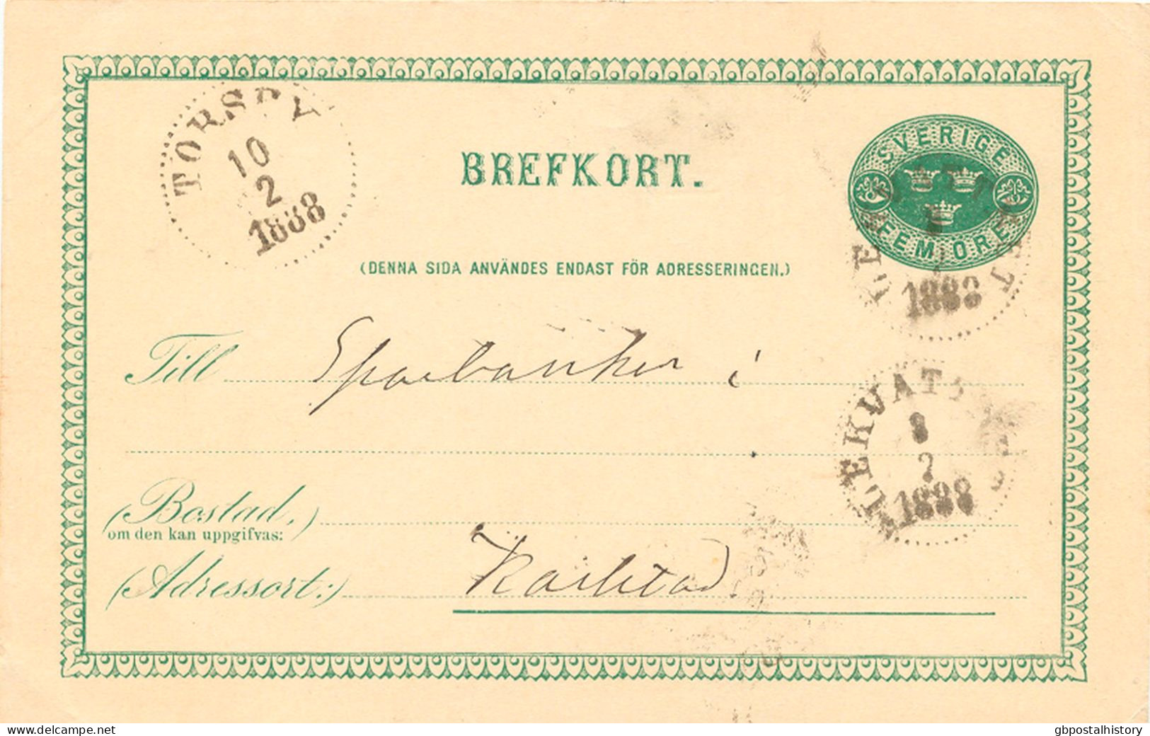 SCHWEDEN 1888, "LEKVATTNET" Und "TORSBY" Extrem Selt. K1 Klar A. 5 (FEM) Öre Grün GA-Postkarte, GA-ABARTE: Rahmenbruch - Variétés Et Curiosités
